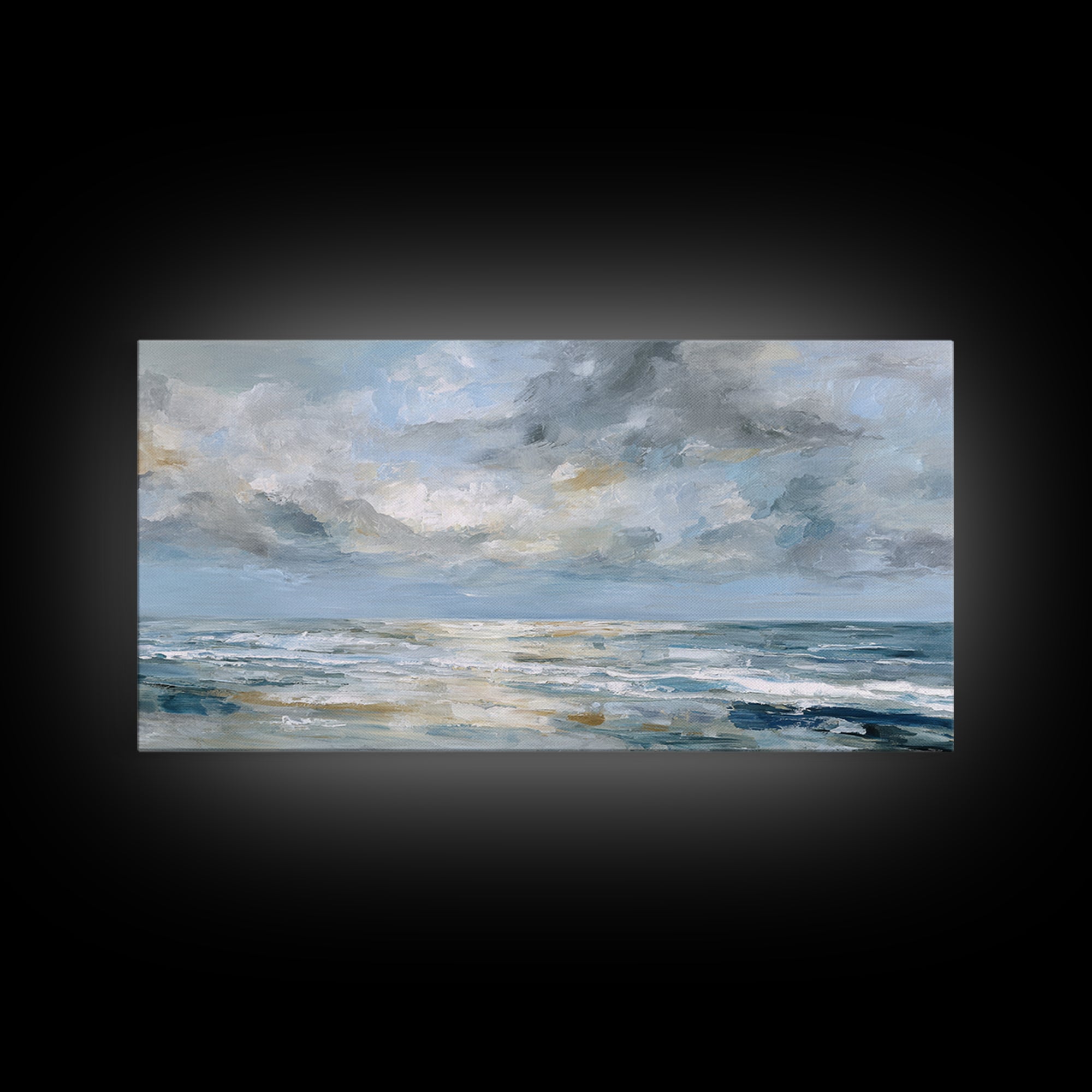 Quiet Moon over a Calm Ocean Horizon Framed Canvas Print, Above Bed Art, Bedroom Wall Decor, Bedroom Decor, Oil Painting, ABA-2x1-95