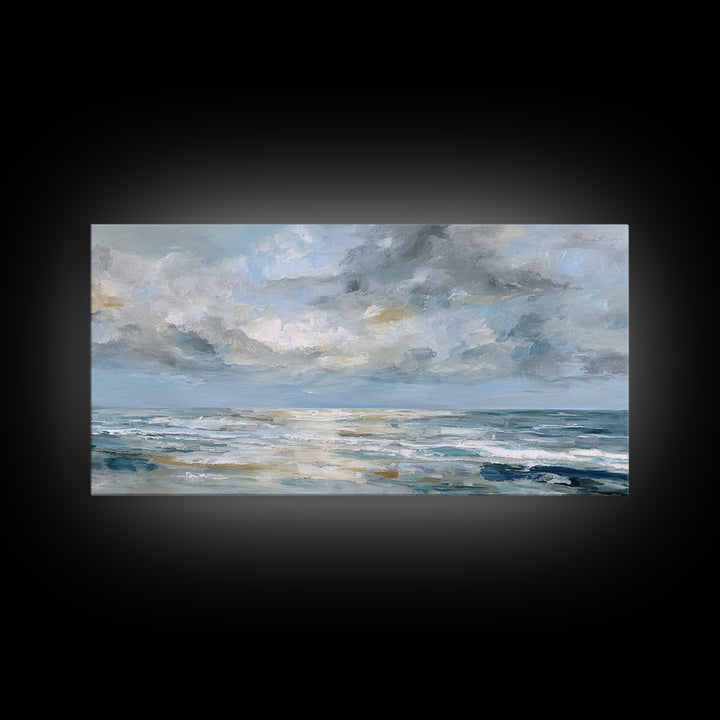 Quiet Moon over a Calm Ocean Horizon Framed Canvas Print, Above Bed Art, Bedroom Wall Decor, Bedroom Decor, Oil Painting, ABA-2x1-95