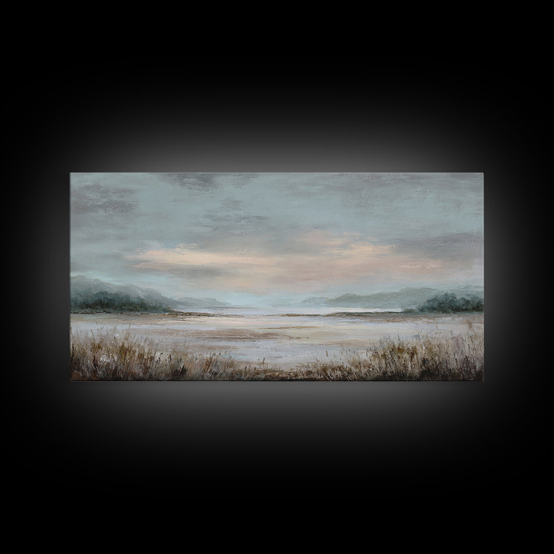 Tranquil Cloudscape with Blush Undertones Framed Canvas Print, Above Bed Art, Digital Print, Bedroom Decor, Fine Art, Serenity, ABA-2x1-97