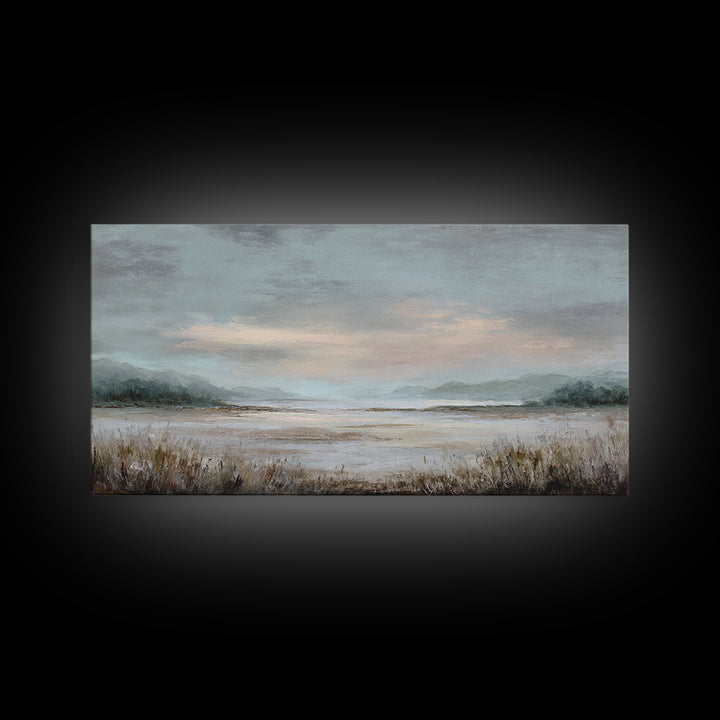Tranquil Cloudscape with Blush Undertones Framed Canvas Print, Above Bed Art, Digital Print, Bedroom Decor, Fine Art, Serenity, ABA-2x1-97