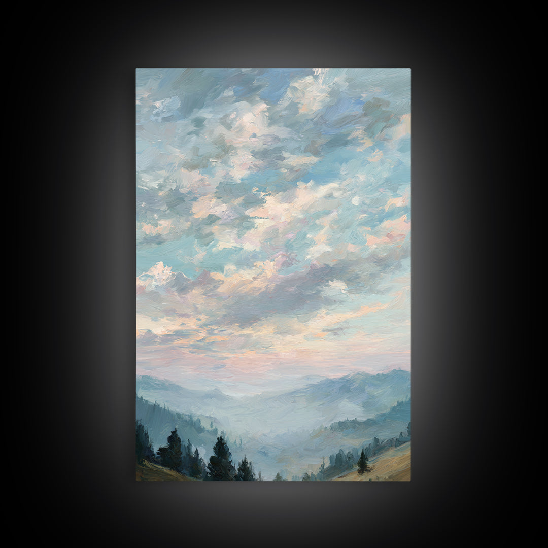Tranquil Cloudscape with Blush Undertones Framed Canvas Print, Above Bed Art, Digital Art, Bedroom Decor, Fine Art, Serenity, ABA-2x3-13