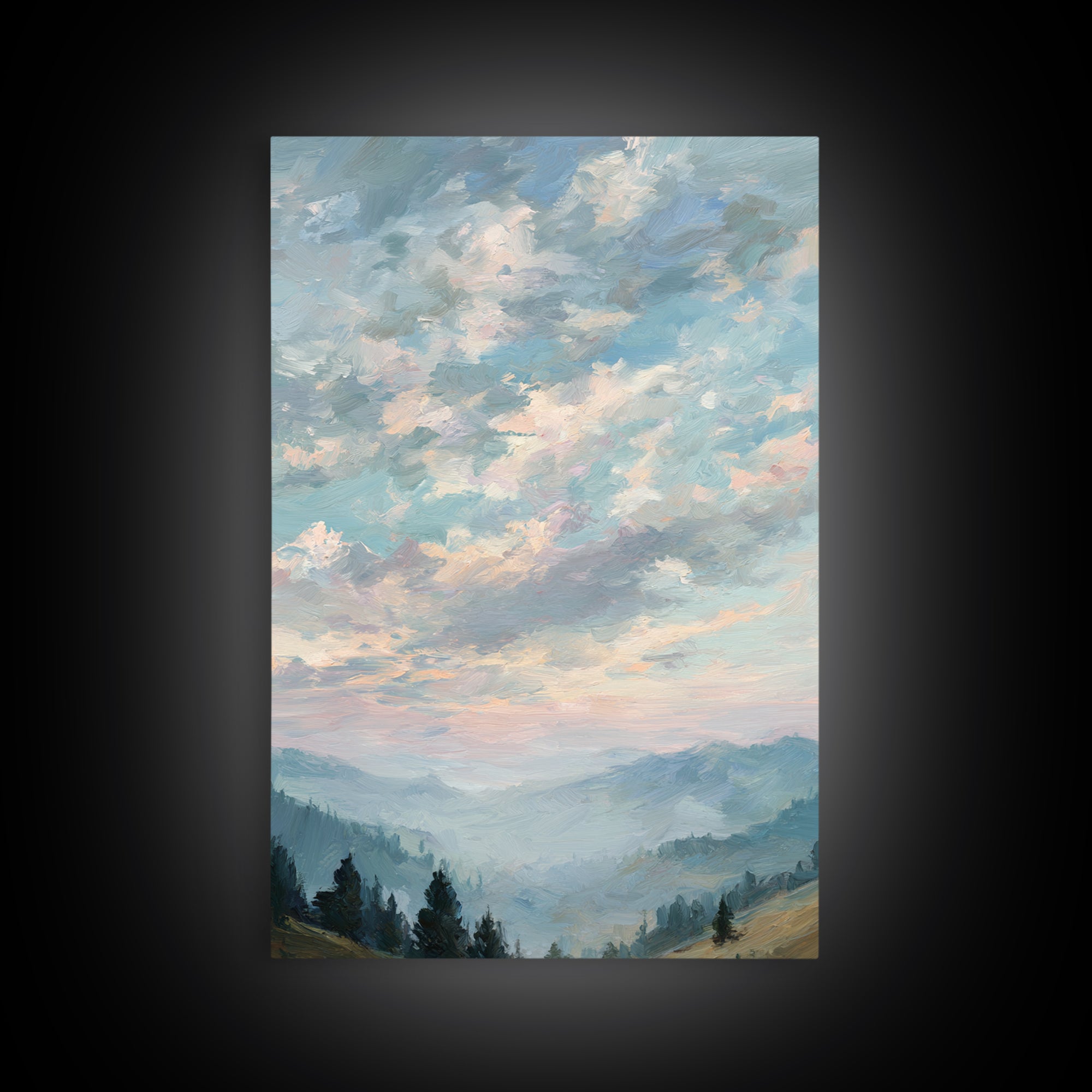 Tranquil Cloudscape with Blush Undertones Framed Canvas Print, Above Bed Art, Digital Art, Bedroom Decor, Fine Art, Serenity, ABA-2x3-13