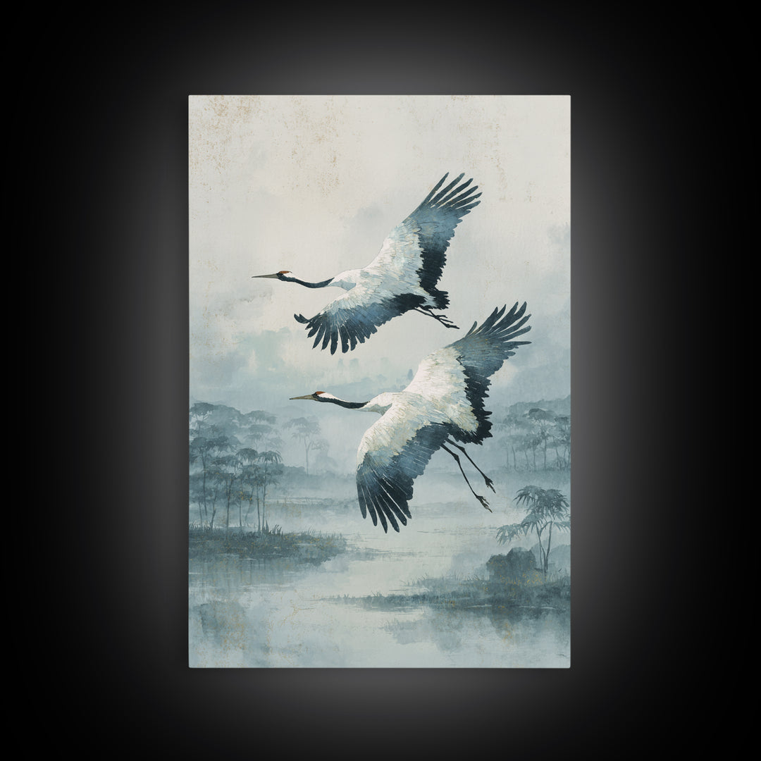 Ethereal Cranes Flying Through Pale Morning Mist Canvas Print, Above Bed Art, Printable Wall Art, Bedroom Decor, Serenity, ABA-2x3-17