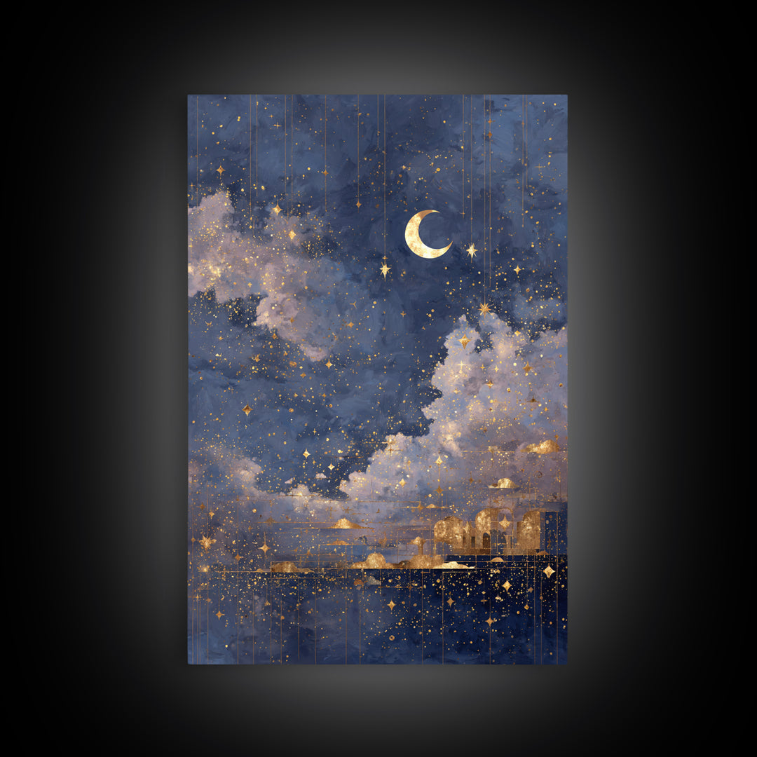 Subtle Celestial Scene Framed Canvas Print, Above Bed Art, Bedroom Decor, Oil Painting, Serenity, Textured Wall Art, ABA-2x3-21