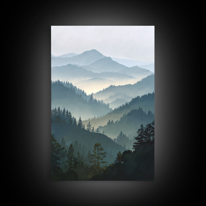 Quiet Forest Ridge Softened by Fog Framed Canvas Print, Above Bed Art, Textured Painting, Bedroom Decor, Fine Art, Serenity, ABA-2x3-22
