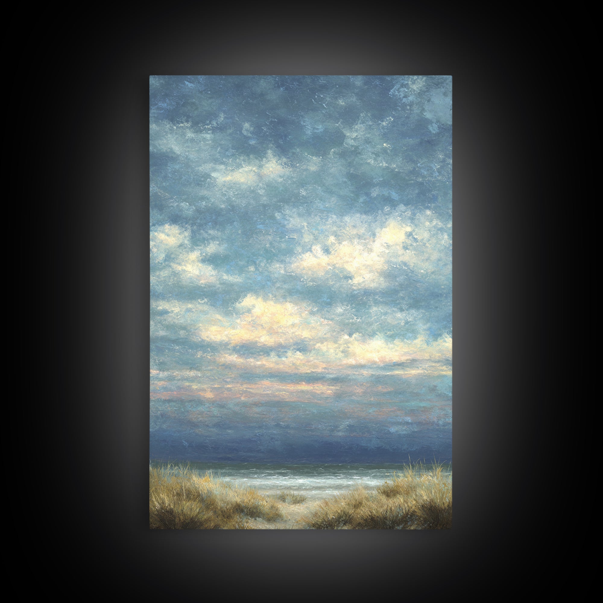 Tranquil Cloudscape with Blush Undertones Framed Canvas Print, Above Bed Art, Digital Art, Bedroom Decor, Fine Art, Serenity, ABA-2x3-37
