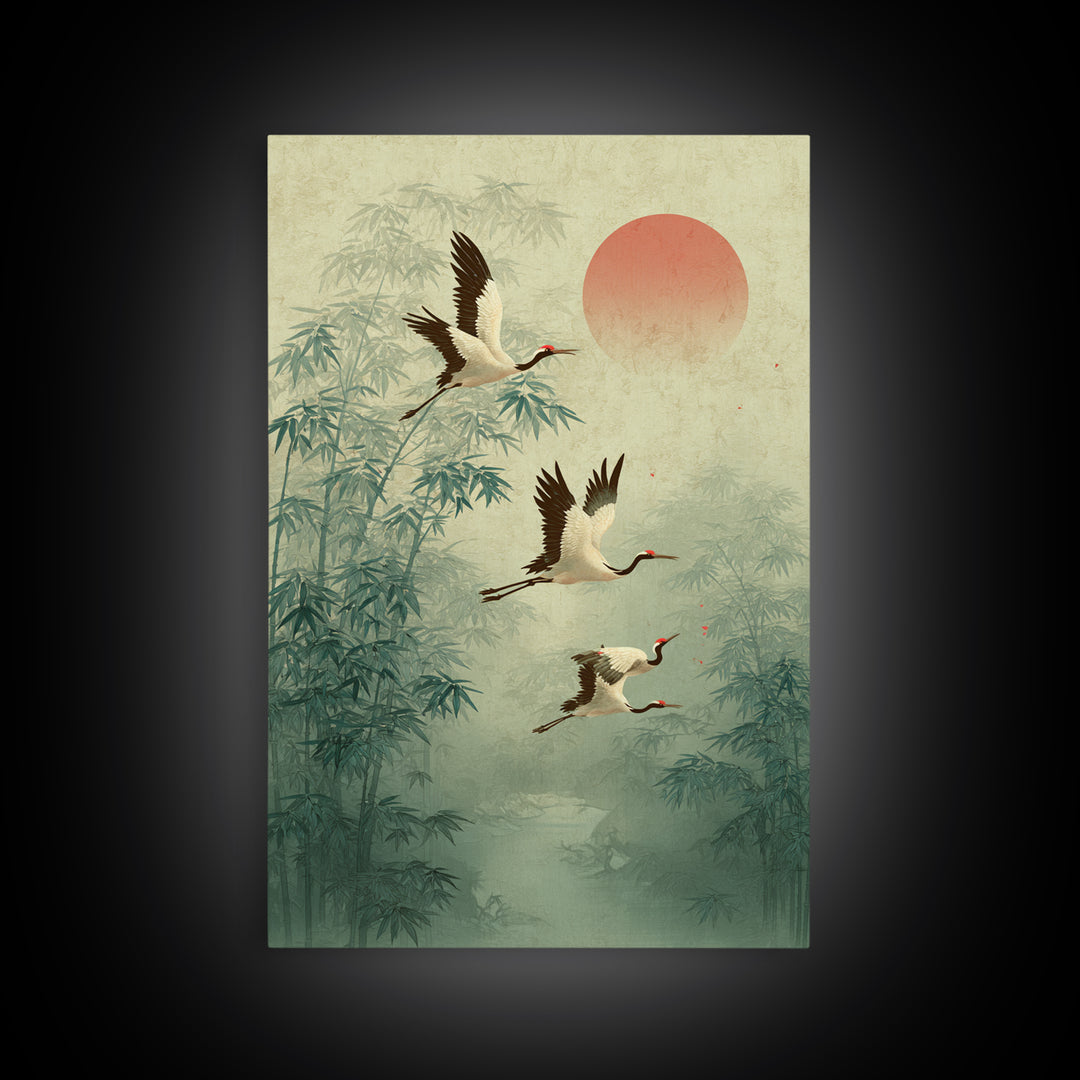 Ethereal Cranes Flying Through Pale Morning Mist Canvas Print, Above Bed Art, Printable Wall Art, Bedroom Decor, Serenity, ABA-2x3-41