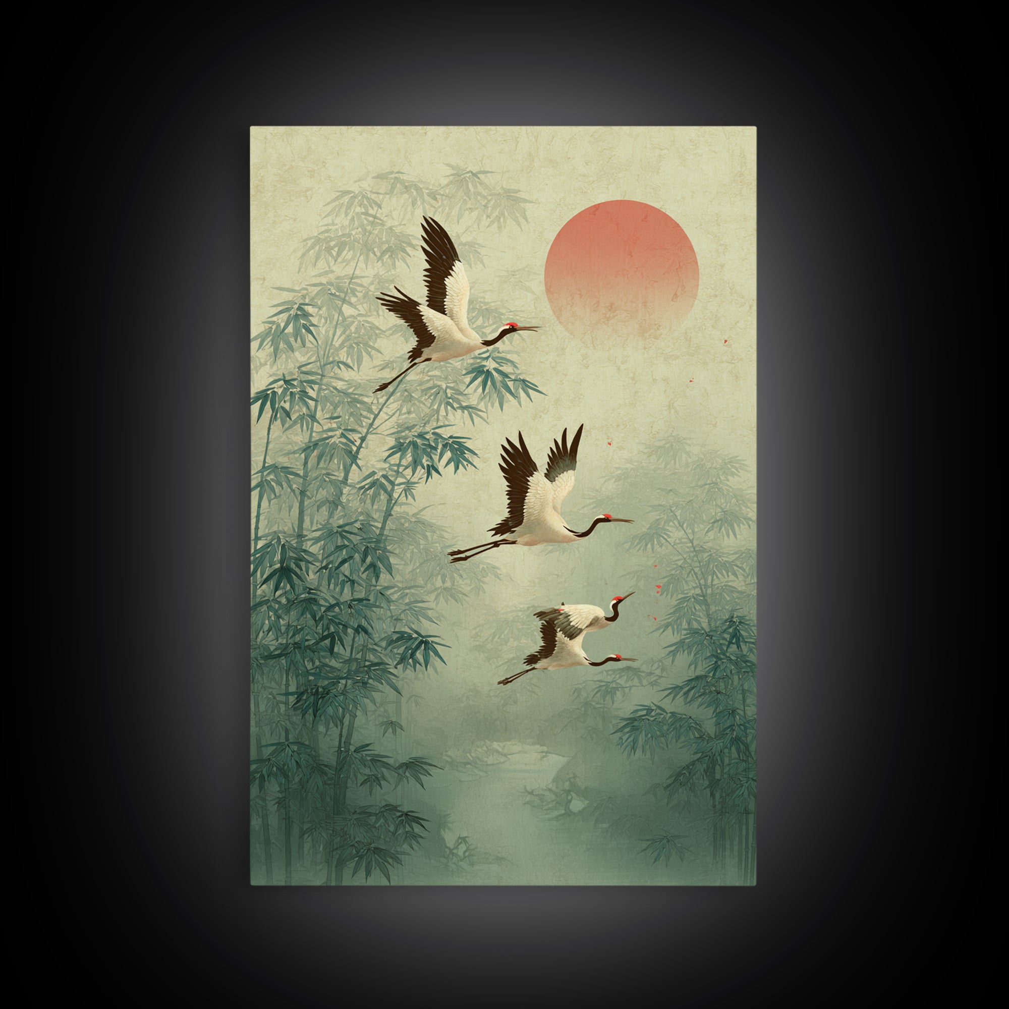 Ethereal Cranes Flying Through Pale Morning Mist Canvas Print, Above Bed Art, Printable Wall Art, Bedroom Decor, Serenity, ABA-2x3-41