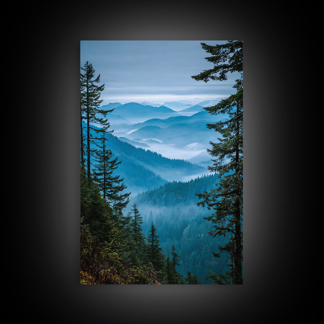 Quiet Forest Ridge Softened by Fog Framed Canvas Print, Above Bed Art, Textured Painting, Bedroom Decor, Fine Art, Serenity, ABA-2x3-46