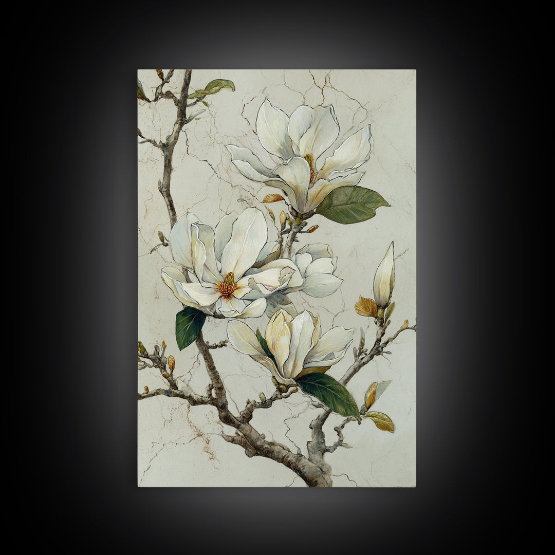 Delicate Magnolia Branch on Cream Background Framed Canvas Print, Above Bed Art, Statement Artwork, Bedroom Decor, Serenity, ABA-2x3-48
