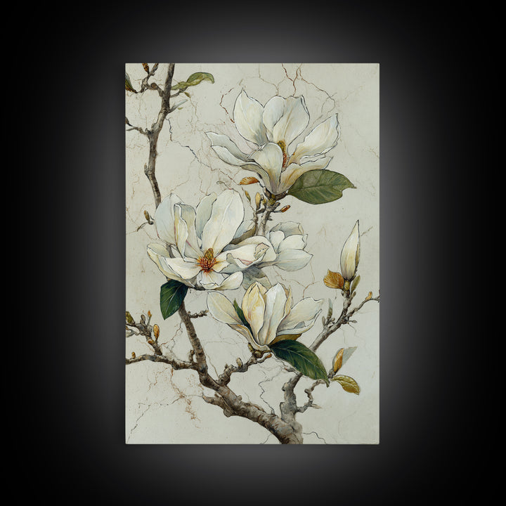 Delicate Magnolia Branch on Cream Background Framed Canvas Print, Above Bed Art, Statement Artwork, Bedroom Decor, Serenity, ABA-2x3-48