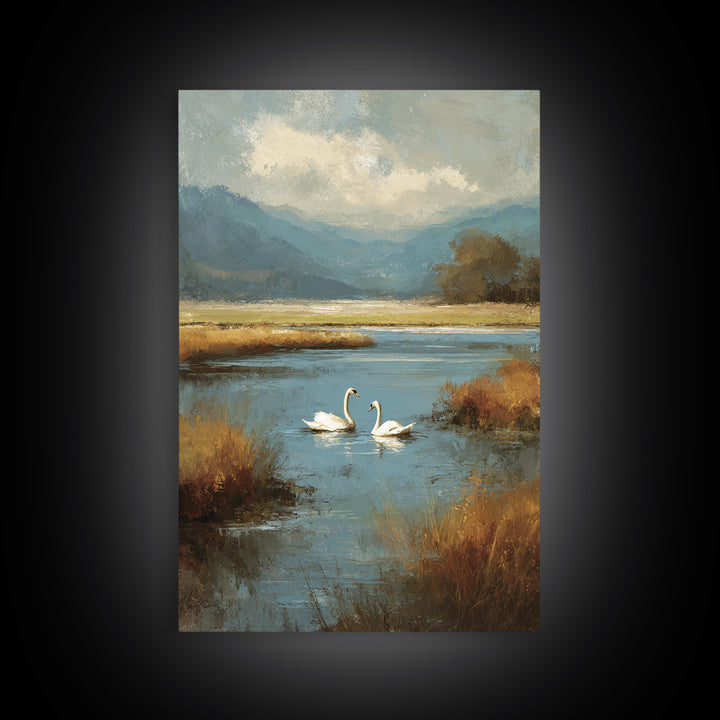 Paired Swans in a Dreamy Painterly Lake Canvas Print, Above Bed Art, Minimalist Decor, Bedroom Decor, Fine Art, Serenity, ABA-2x3-54