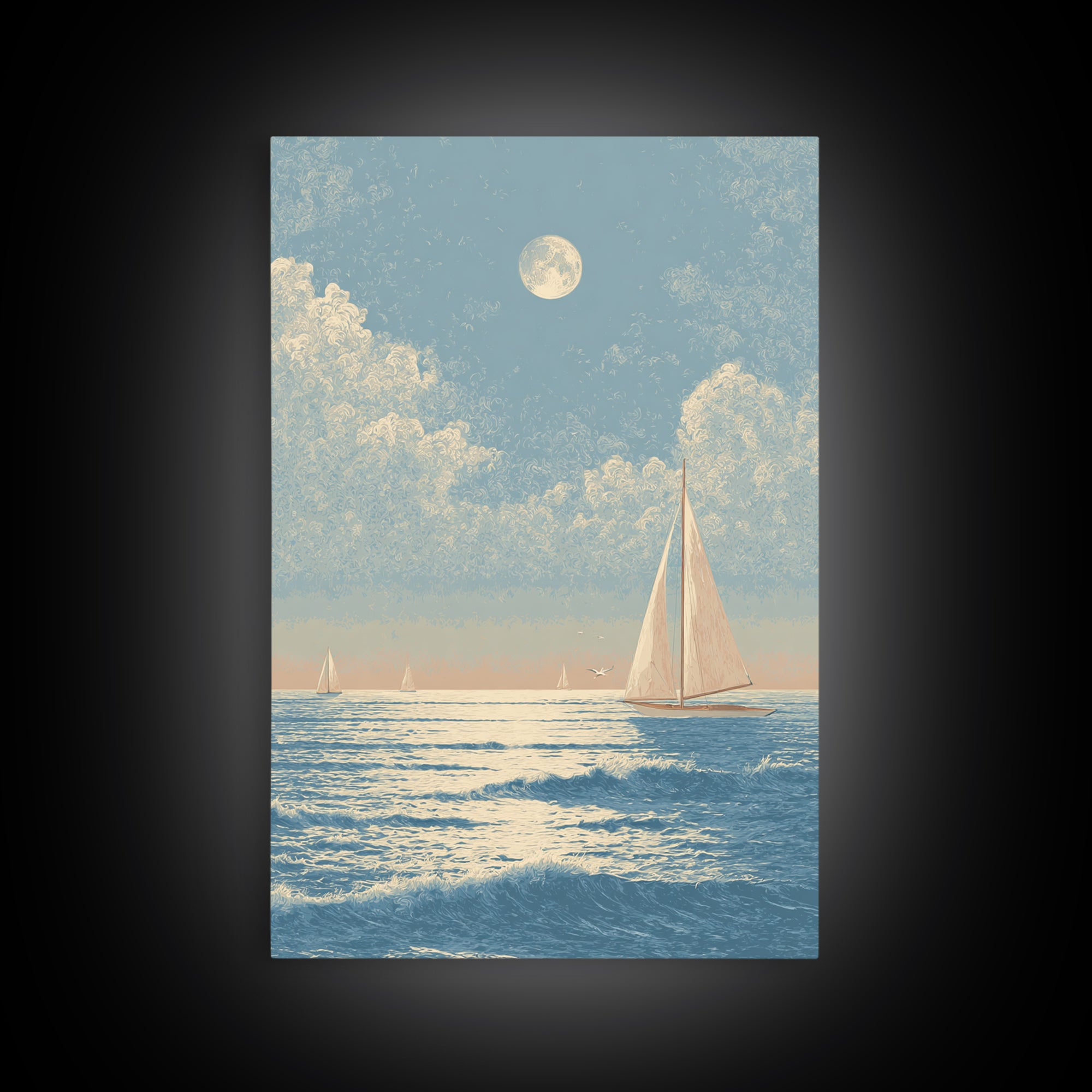 Quiet Moon over a Calm Ocean Horizon Framed Canvas Print, Above Bed Art, Digital Art, Bedroom Decor, Fine Art, Serenity, ABA-2x3-59