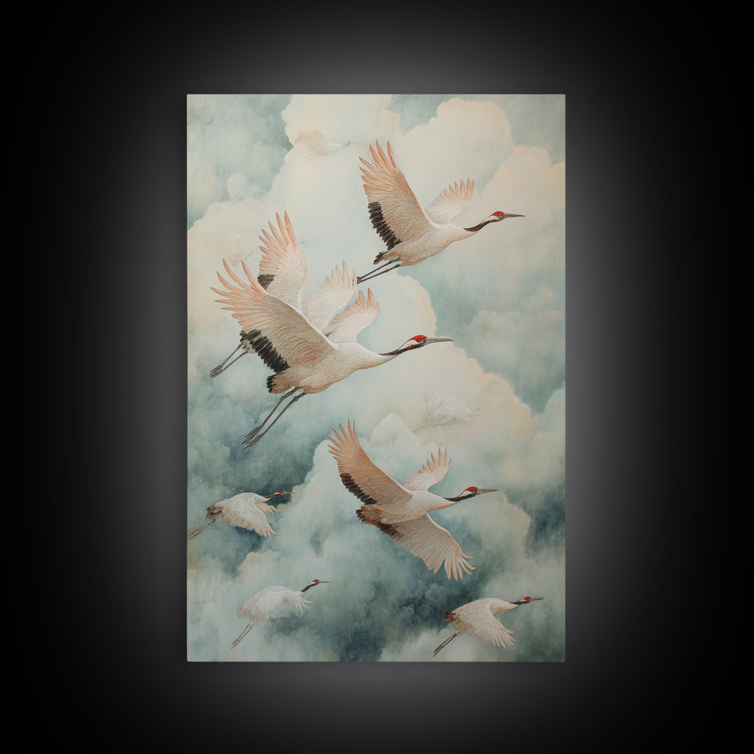 Ethereal Cranes Flying Through Pale Morning Mist Canvas Print, Above Bed Art, Canvas Wall Art, Bedroom Decor, Serenity, ABA-2x3-65