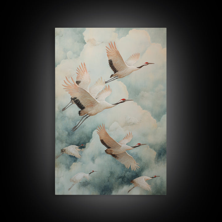 Ethereal Cranes Flying Through Pale Morning Mist Canvas Print, Above Bed Art, Canvas Wall Art, Bedroom Decor, Serenity, ABA-2x3-65