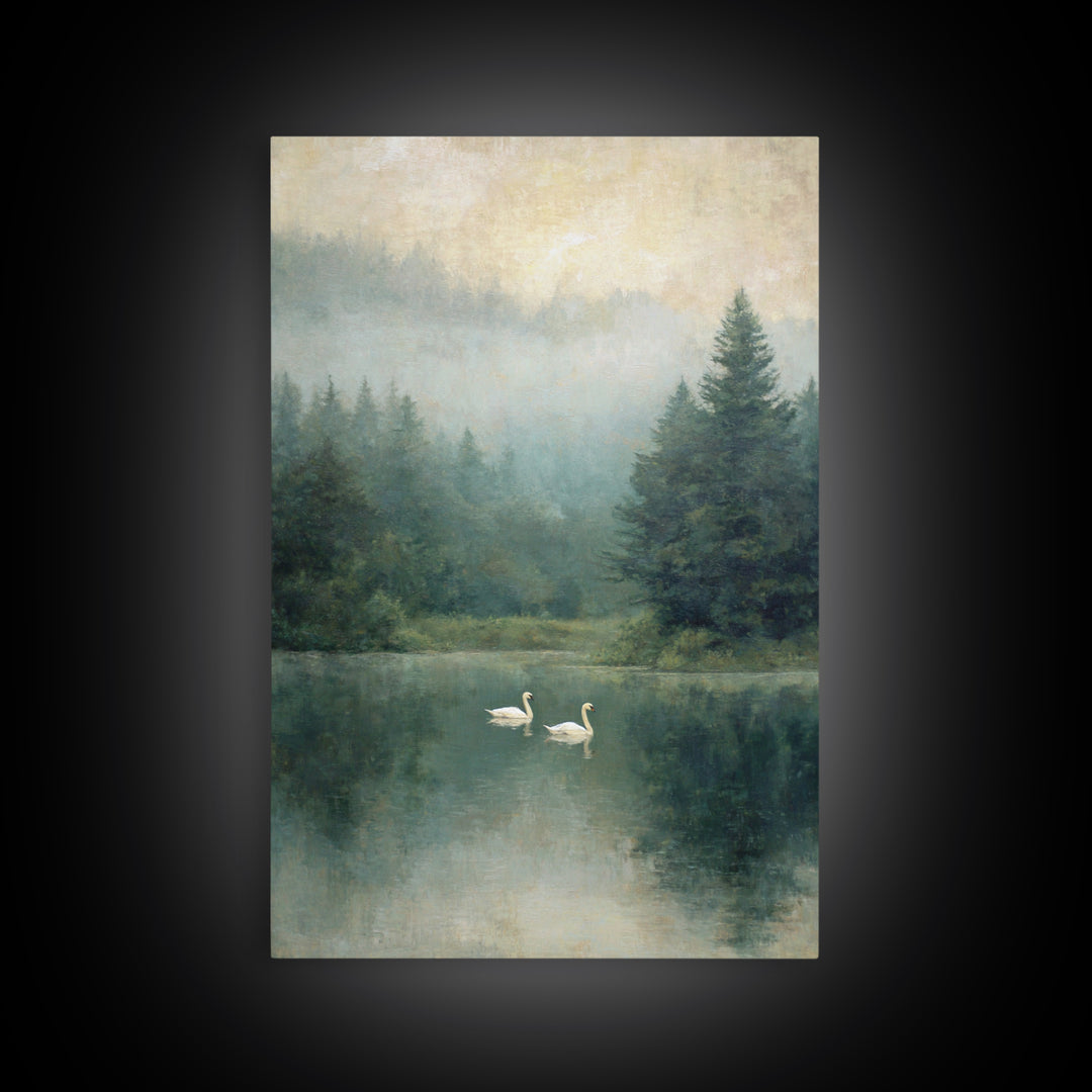 Paired Swans in a Dreamy Painterly Lake Framed Canvas Print, Above Bed Art, Printable Wall Art, Bedroom Decor, Serenity, ABA-2x3-78