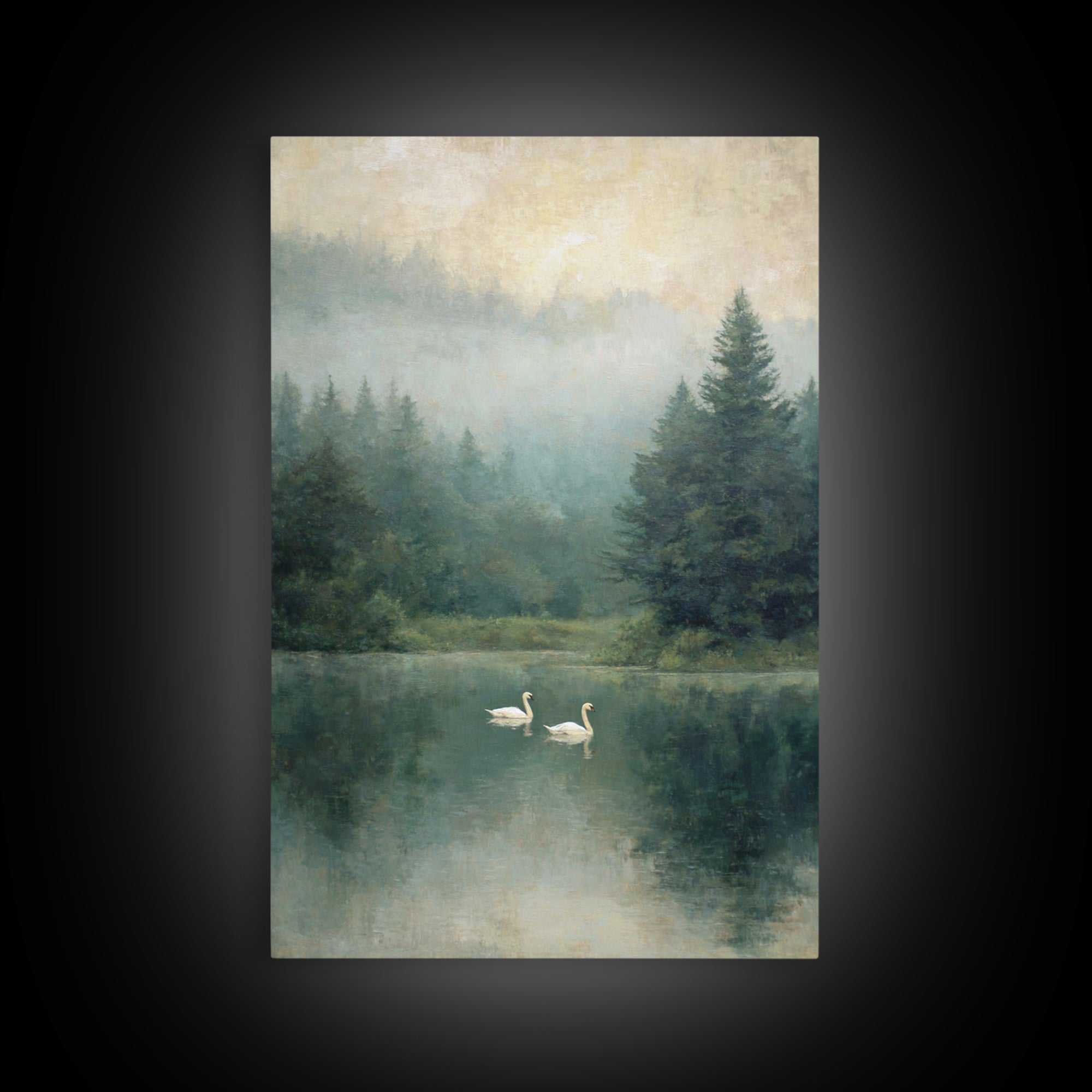 Paired Swans in a Dreamy Painterly Lake Framed Canvas Print, Above Bed Art, Printable Wall Art, Bedroom Decor, Serenity, ABA-2x3-78