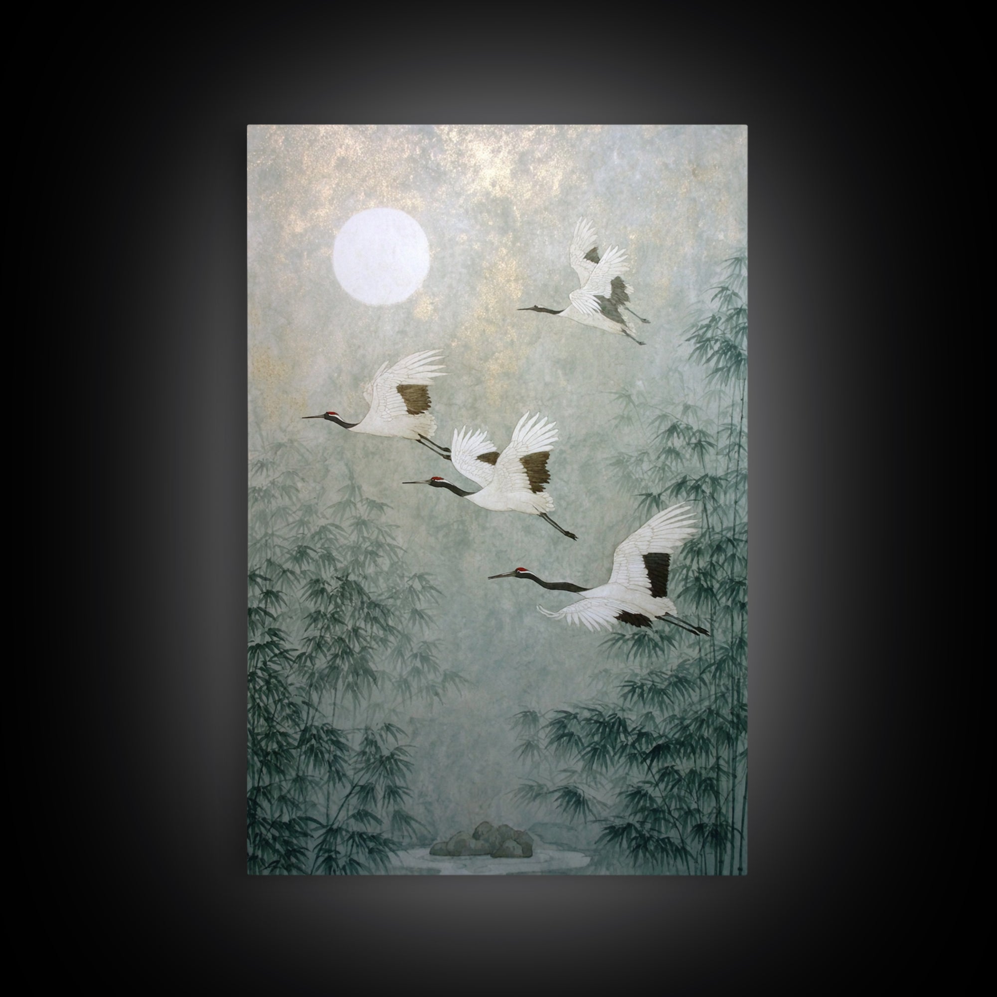 Ethereal Cranes Flying Through Pale Morning Mist Canvas Print, Above Bed Art, Living Room Decor, Bedroom Decor, Serenity, ABA-2x3-89