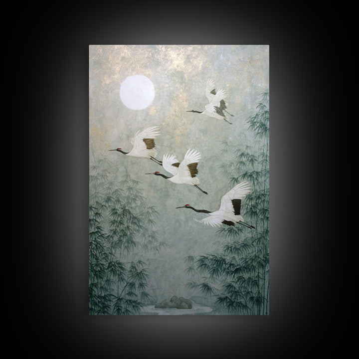 Ethereal Cranes Flying Through Pale Morning Mist Canvas Print, Above Bed Art, Living Room Decor, Bedroom Decor, Serenity, ABA-2x3-89