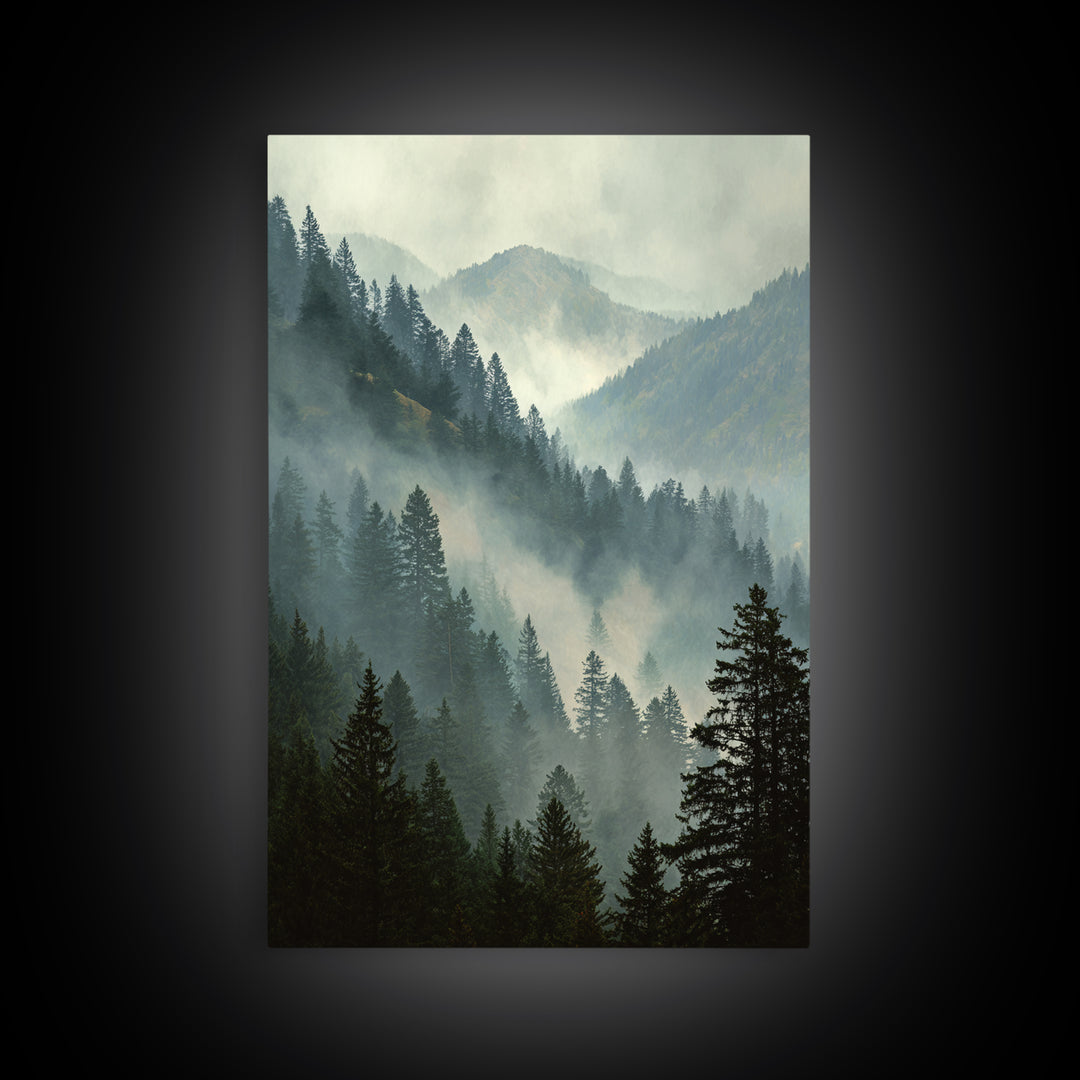 Quiet Forest Ridge Softened by Fog Framed Canvas Print, Above Bed Art, Large Wall Art, Bedroom Decor, Fine Art, Serenity, ABA-2x3-94