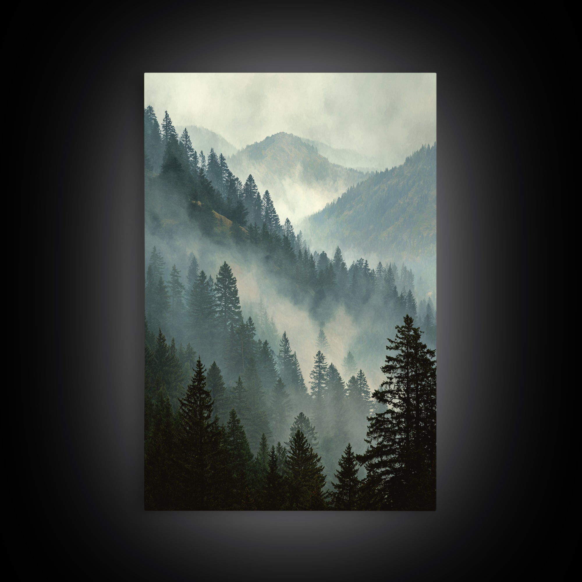 Quiet Forest Ridge Softened by Fog Framed Canvas Print, Above Bed Art, Large Wall Art, Bedroom Decor, Fine Art, Serenity, ABA-2x3-94