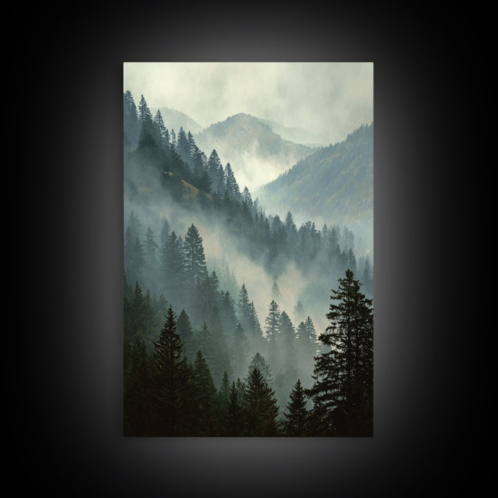 Quiet Forest Ridge Softened by Fog Framed Canvas Print, Above Bed Art, Large Wall Art, Bedroom Decor, Fine Art, Serenity, ABA-2x3-94
