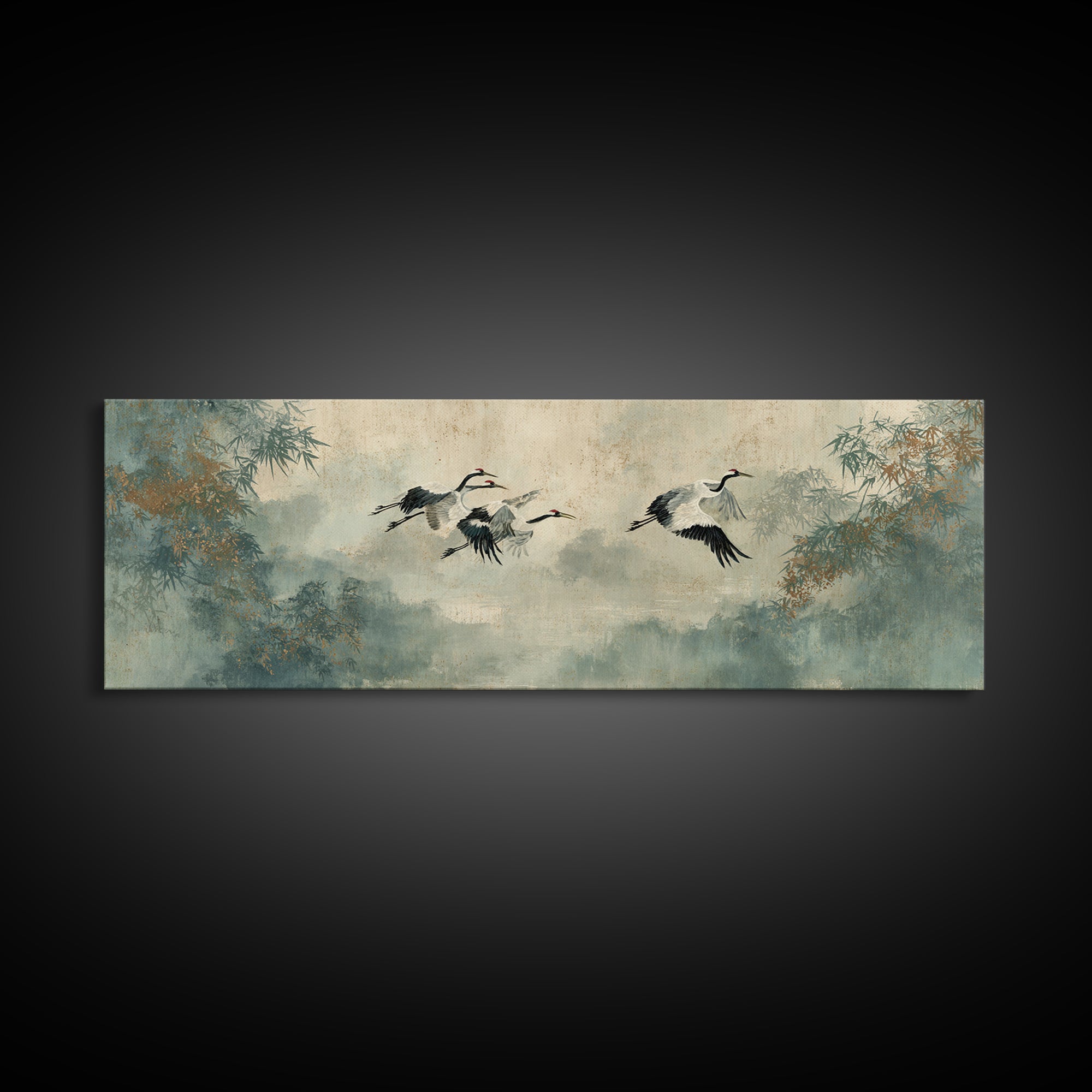 Ethereal Cranes Flying Through Pale Morning Mist Framed Canvas Print, Above Bed Art, Apartment Decor, Bedroom Decor, Serenity, ABA-3x1-1