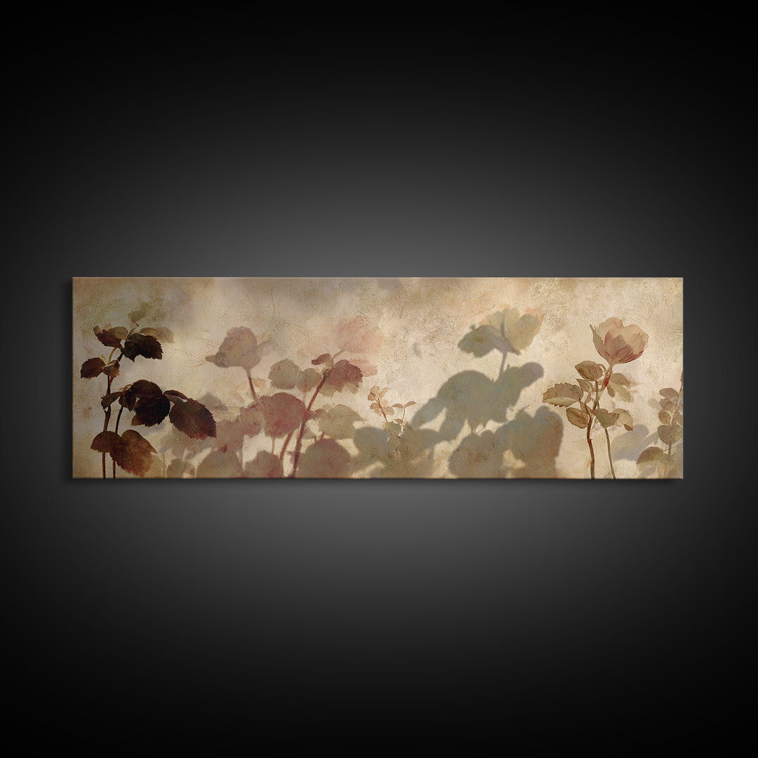 Tonal Botanical Shadows on Plaster Surface Framed Canvas Print, Above Bed Art, 3 Piece Wall Art, Bedroom Decor, Serenity, ABA-3x1-15