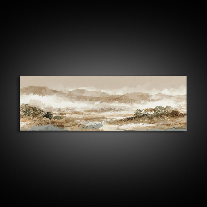 Panoramic Misty Mountain Landscape Framed Canvas Print, Above Bed Art, Boho Wall Art, Bedroom Decor, Fine Art, Serenity, ABA-3x1-17