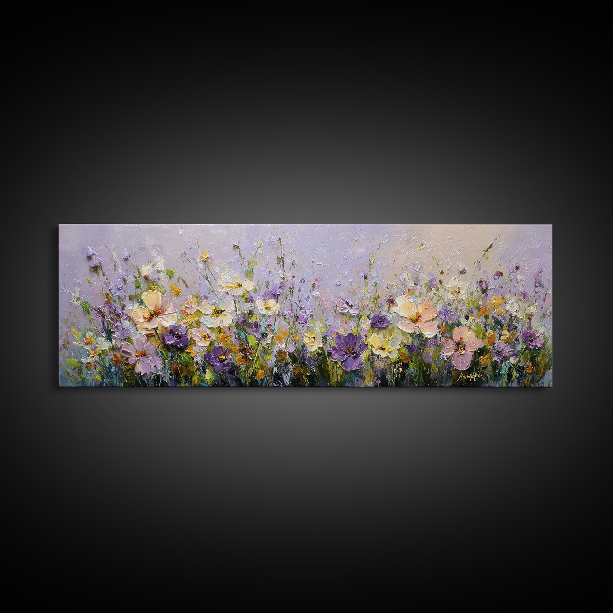 Wide Meadow of Muted Wildflowers at Dusk Framed Canvas Print, Above Bed Art, Bedroom Decor, Watercolor Art, Serenity, ABA-3x1-2