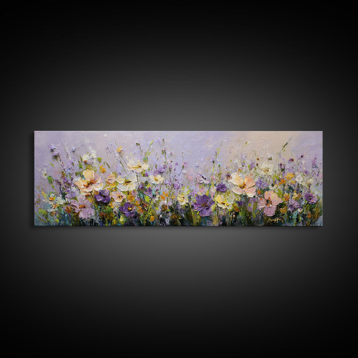 Wide Meadow of Muted Wildflowers at Dusk Framed Canvas Print, Above Bed Art, Bedroom Decor, Watercolor Art, Serenity, ABA-3x1-2