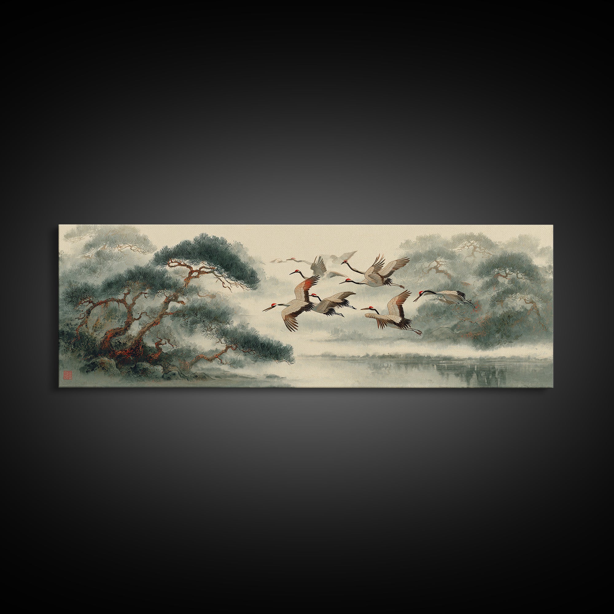 Ethereal Cranes Flying Through Pale Morning Mist Canvas Print, Above Bed Art, Dopamine Decor, Bedroom Decor, Abstract Art, ABA-3x1-25