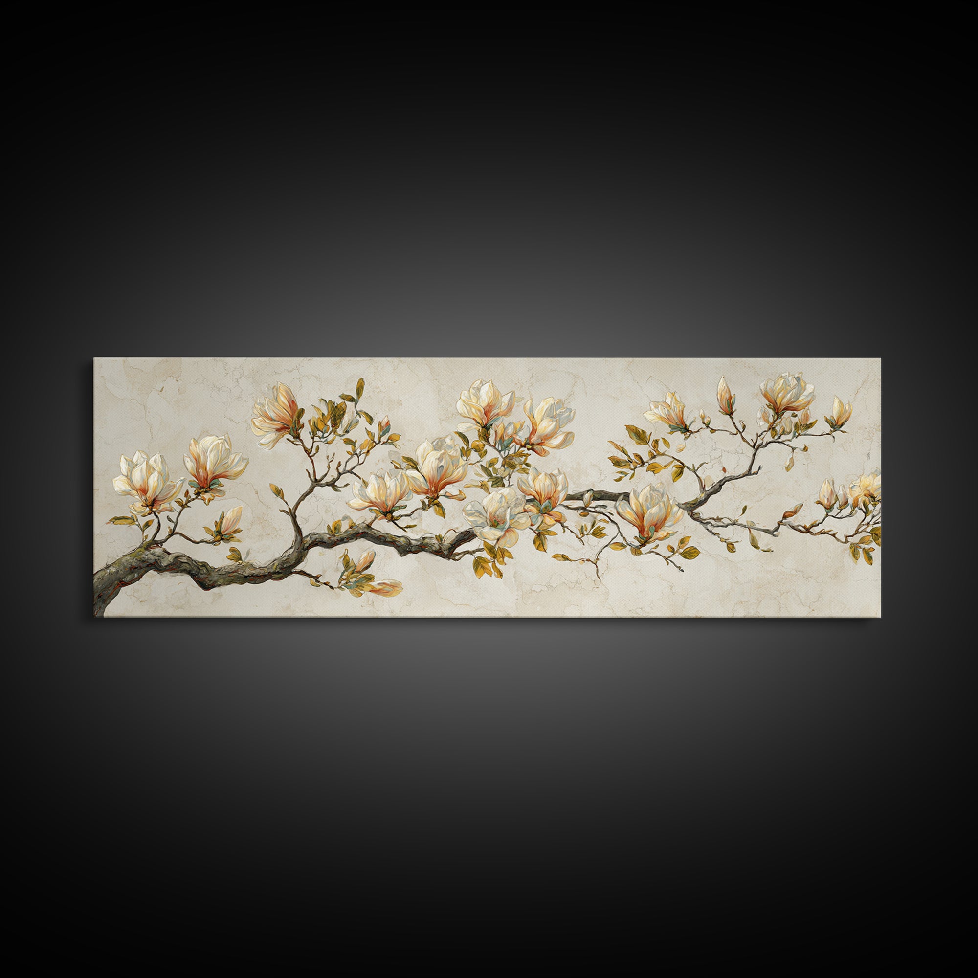 Delicate Magnolia Branch on Cream Background Framed Canvas Print, Above Bed Art, Bedroom Wall Decor, Bedroom Decor, Serenity, ABA-3x1-32