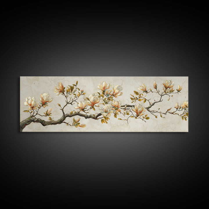 Delicate Magnolia Branch on Cream Background Framed Canvas Print, Above Bed Art, Bedroom Wall Decor, Bedroom Decor, Serenity, ABA-3x1-32