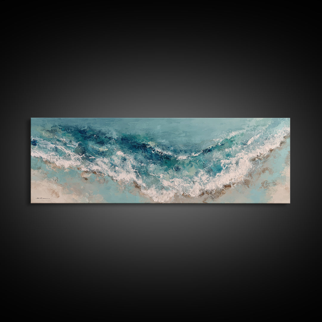 Serene Ocean Tide Seen from Above Framed Canvas Print, Above Bed Art, Whimsical Decor, Bedroom Decor, Fine Art, Serenity, ABA-3x1-37