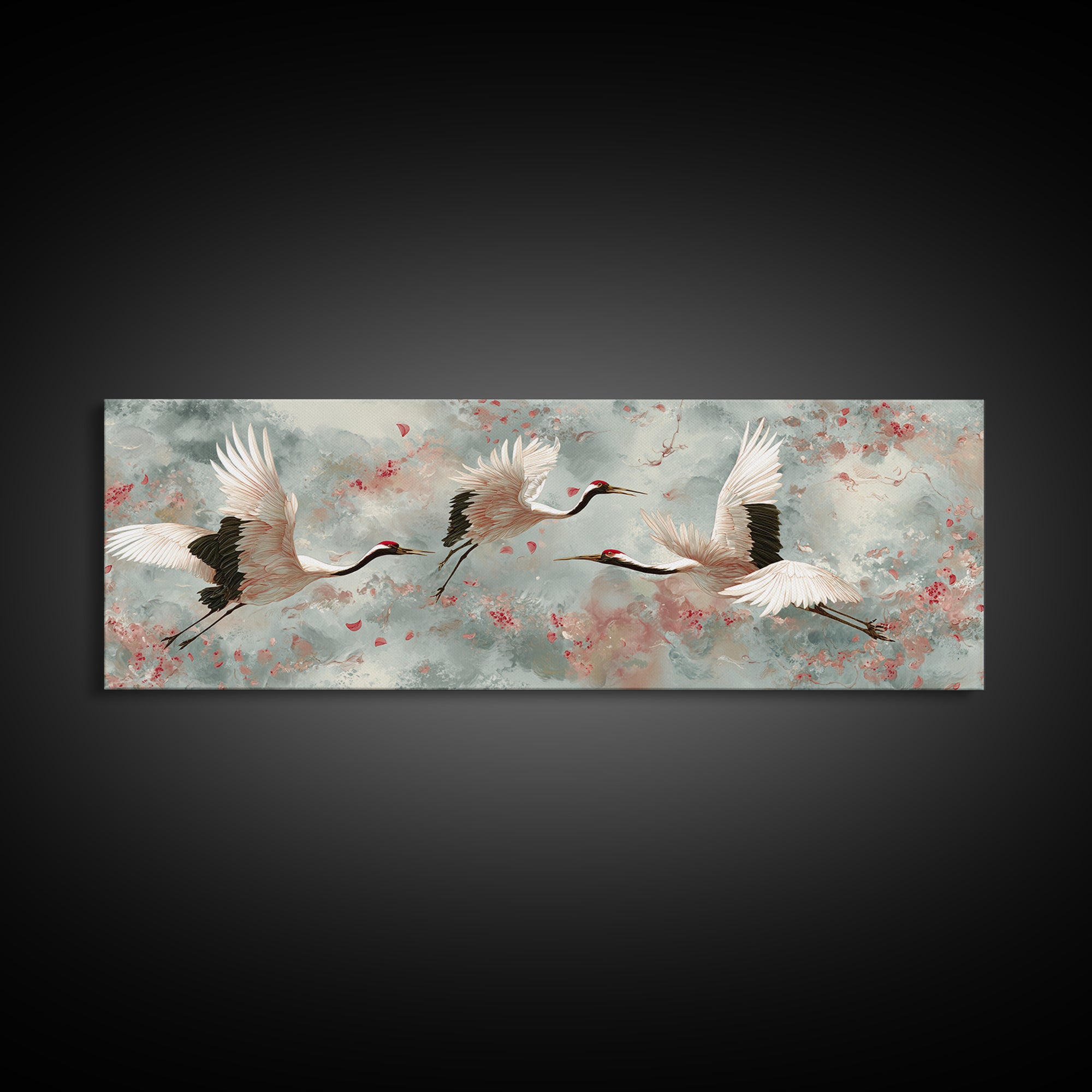 Ethereal Cranes Flying Through Pale Morning Mist Canvas Print, Above Bed Art, Dopamine Decor, Bedroom Decor, Abstract Art, ABA-3x1-49