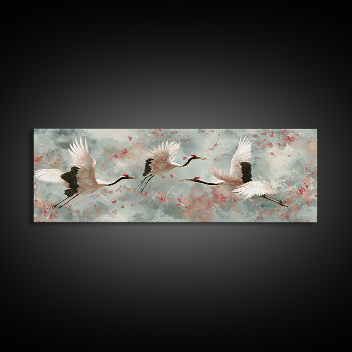 Ethereal Cranes Flying Through Pale Morning Mist Canvas Print, Above Bed Art, Dopamine Decor, Bedroom Decor, Abstract Art, ABA-3x1-49