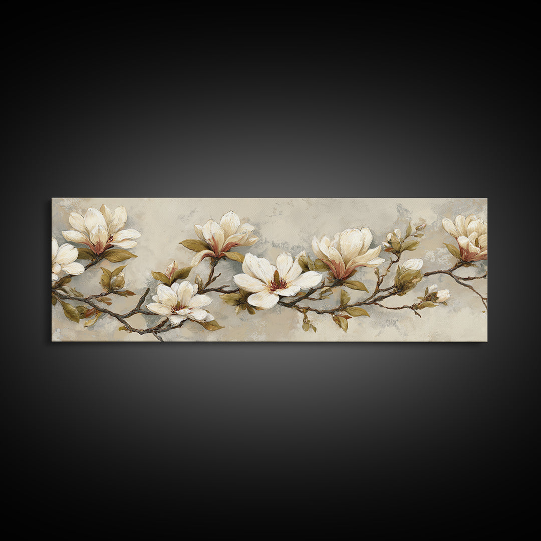 Delicate Magnolia Branch on Cream Background Canvas Print, Above Bed Art, Textured Painting, Bedroom Decor, Serenity, ABA-3x1-56