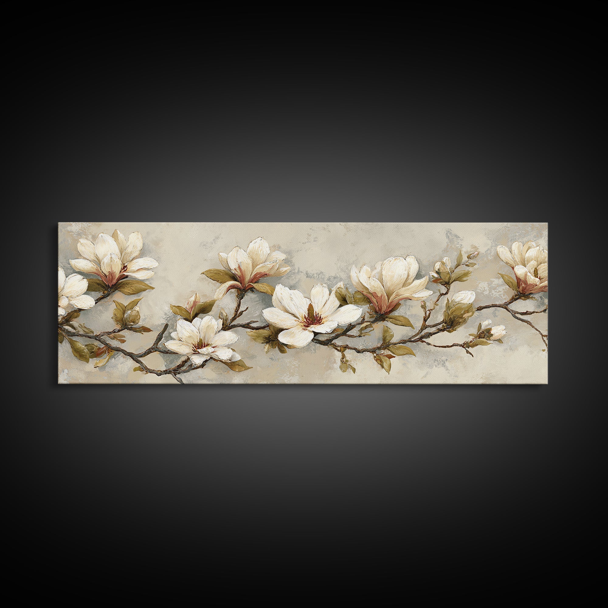 Delicate Magnolia Branch on Cream Background Canvas Print, Above Bed Art, Textured Painting, Bedroom Decor, Serenity, ABA-3x1-56