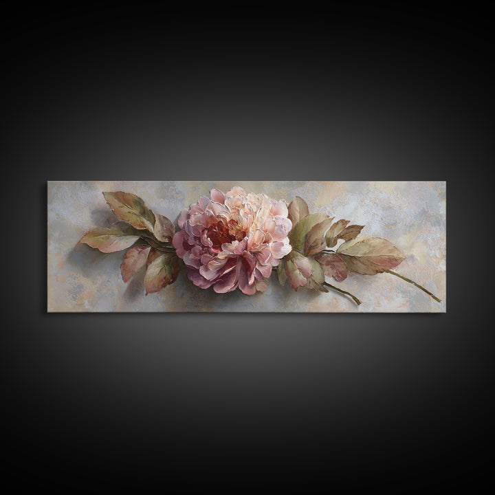 Romantic Oversized Peony Bloom on Warm Linen Canvas Print, Above Bed Art, Printable Art, Bedroom Decor, Abstract Art, Serenity, ABA-3x1-66