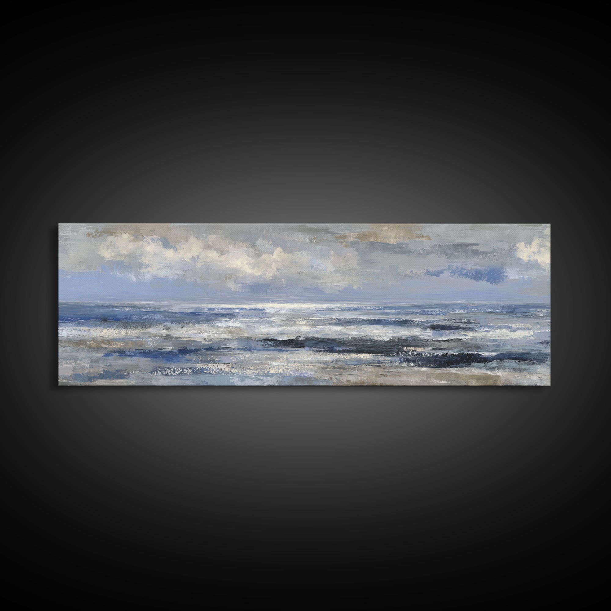 Quiet Moon over a Calm Ocean Horizon Framed Canvas Print, Above Bed Art, Large Wall Art, Bedroom Decor, Fine Art, Serenity, ABA-3x1-67