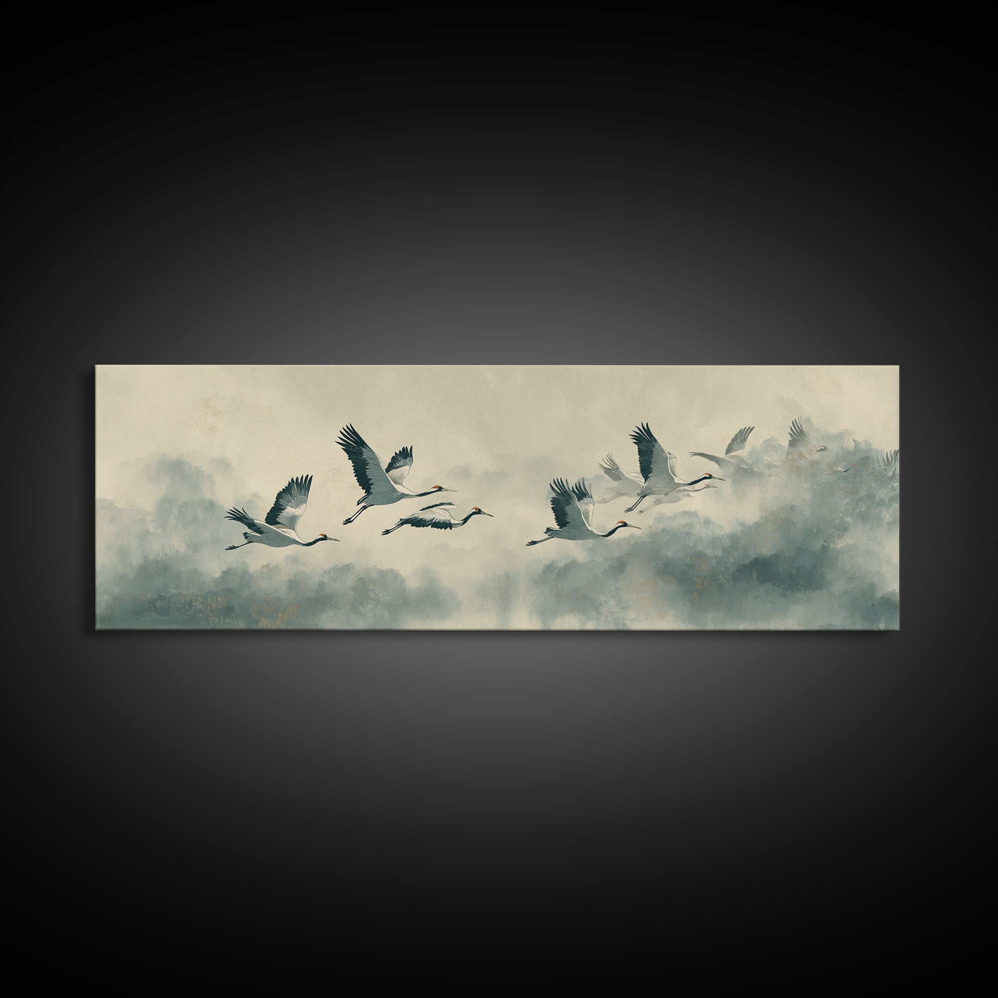Ethereal Cranes Flying Through Pale Morning Mist Canvas Print, Above Bed Art, Living Room Wall Art, Bedroom Decor, Serenity, ABA-3x1-73