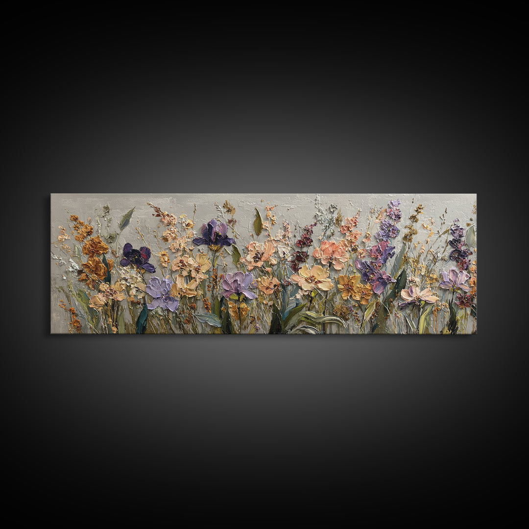 Wide Meadow of Muted Wildflowers at Dusk Framed Canvas Print, Above Bed Art, Whimsical Decor, Bedroom Decor, Fine Art, Serenity, ABA-3x1-74