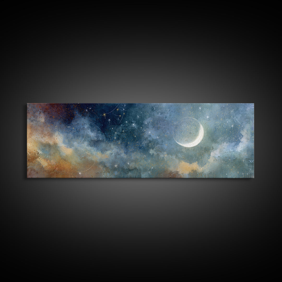 Subtle Celestial Scene Framed Canvas Print, Above Bed Art, Japanese Wall Art, Bedroom Decor, Fine Art, Serenity, Neutral Decor, ABA-3x1-77