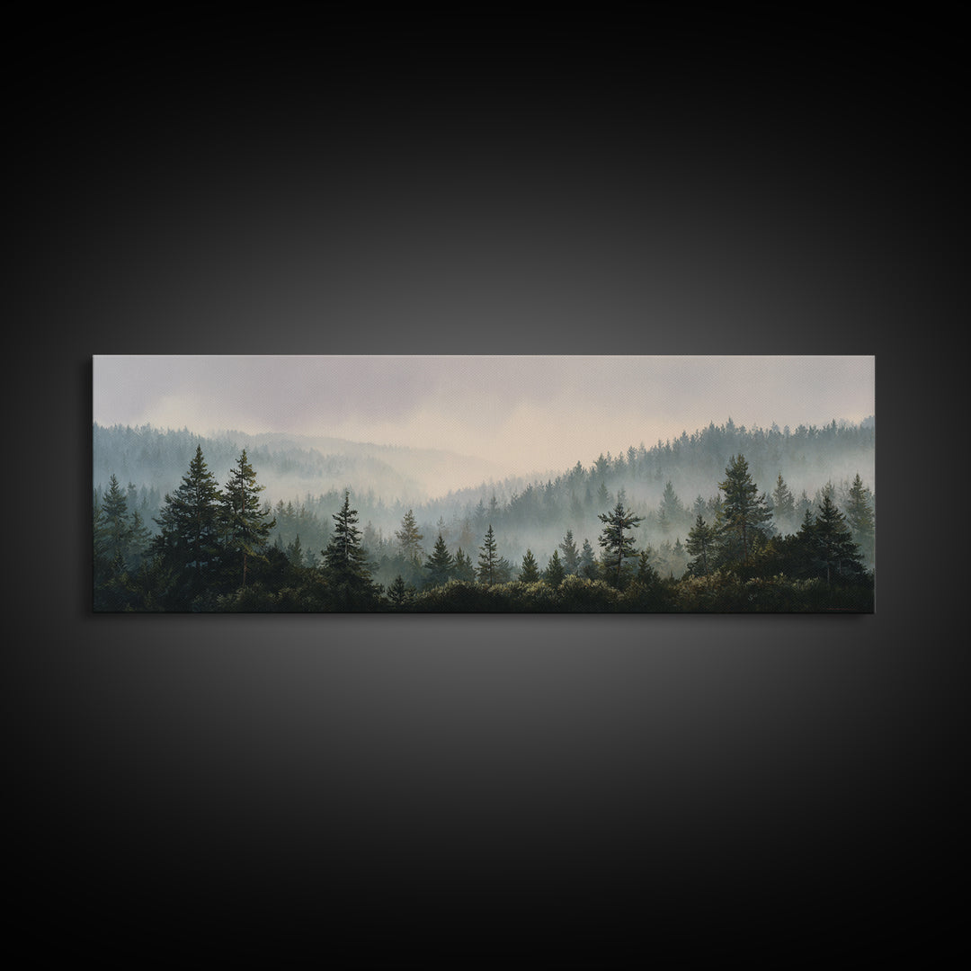 Quiet Forest Ridge Softened by Fog Canvas Print, Above Bed Art, Digital Prints, Bedroom Decor, Oil Painting, Serenity, ABA-3x1-78