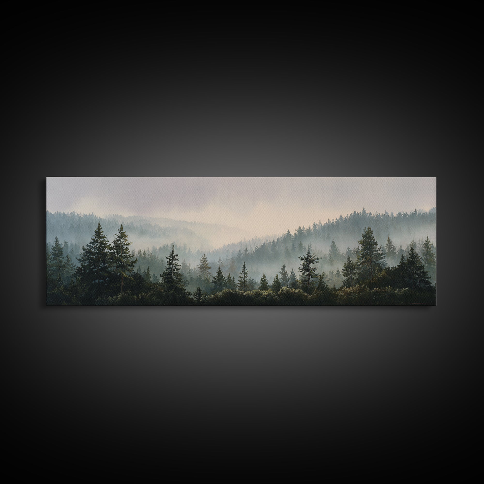 Quiet Forest Ridge Softened by Fog Canvas Print, Above Bed Art, Digital Prints, Bedroom Decor, Oil Painting, Serenity, ABA-3x1-78