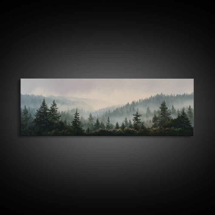 Quiet Forest Ridge Softened by Fog Canvas Print, Above Bed Art, Digital Prints, Bedroom Decor, Oil Painting, Serenity, ABA-3x1-78