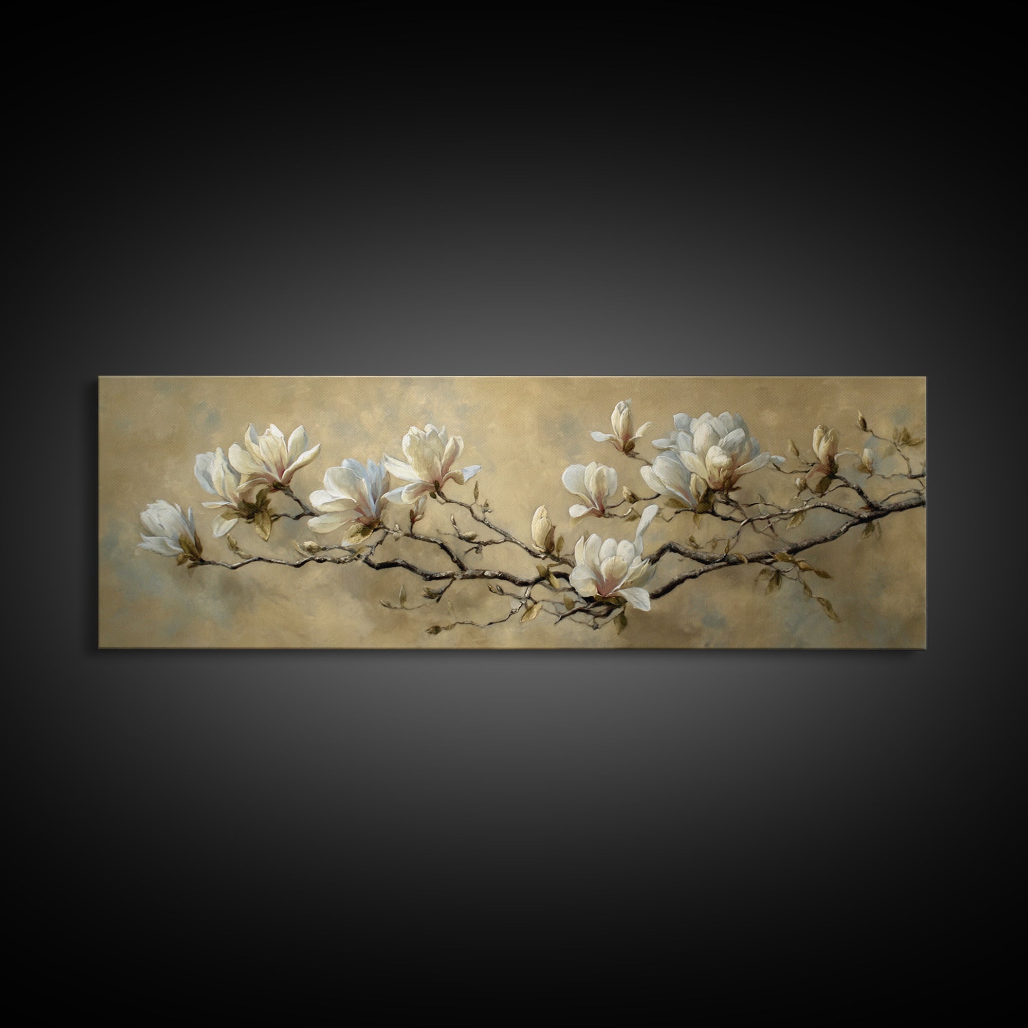 Delicate Magnolia Branch on Cream Background Canvas Print, Above Bed Art, Digital Prints, Bedroom Decor, Watercolor Art, ABA-3x1-80