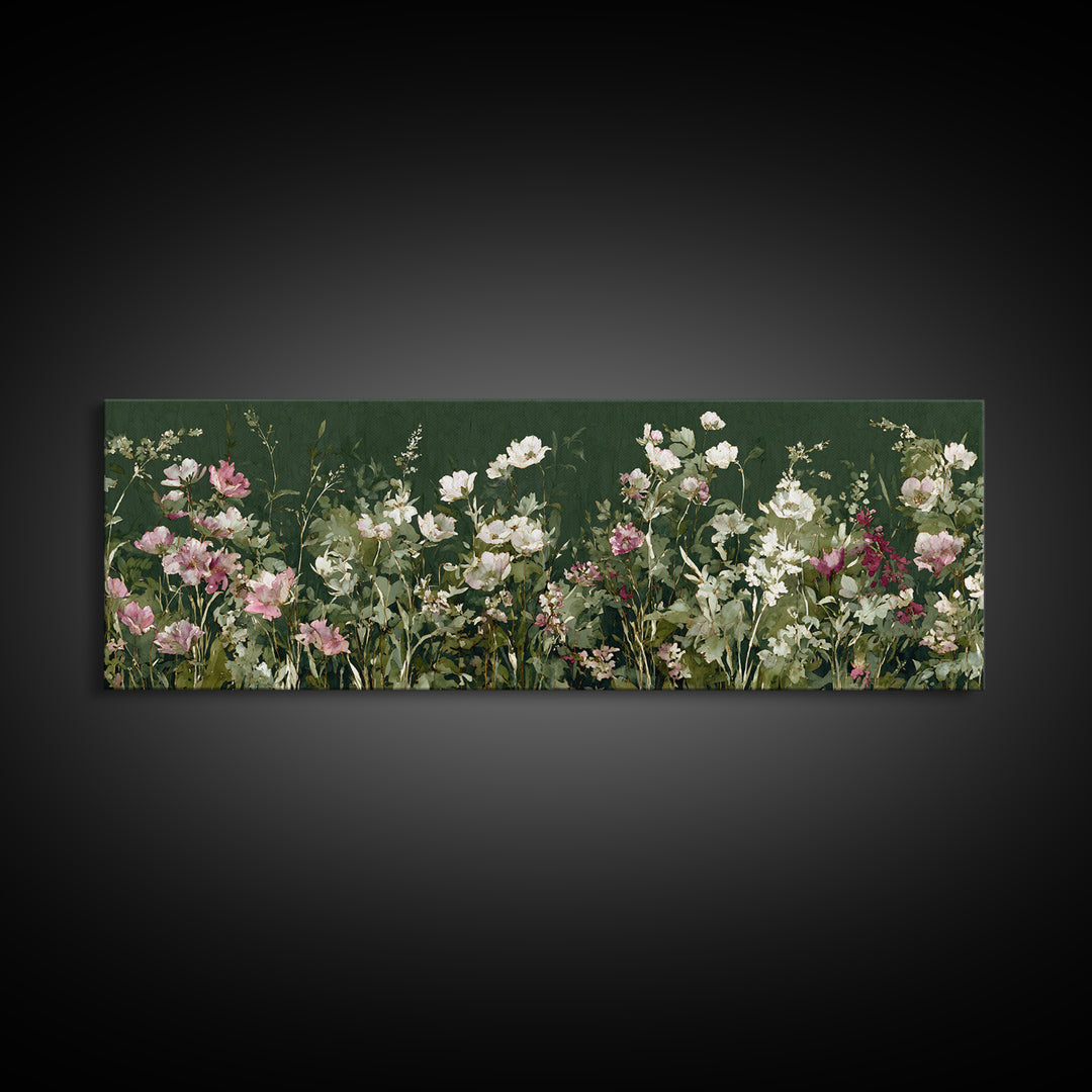 Wide Meadow of Muted Wildflowers at Dusk Canvas Print, Above Bed Art, Boho Wall Decor, Bedroom Decor, Oil Painting, Serenity, ABA-3x1-98