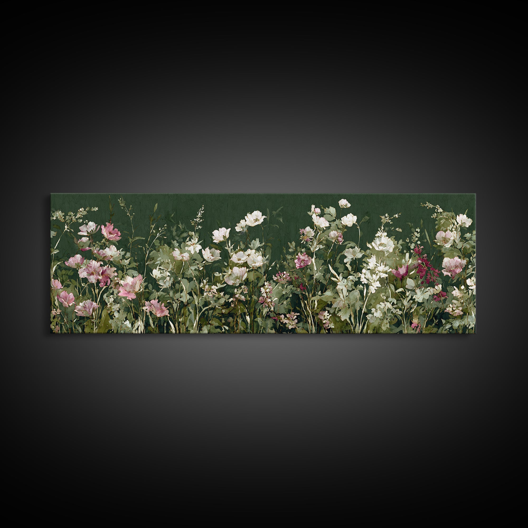 Wide Meadow of Muted Wildflowers at Dusk Canvas Print, Above Bed Art, Boho Wall Decor, Bedroom Decor, Oil Painting, Serenity, ABA-3x1-98